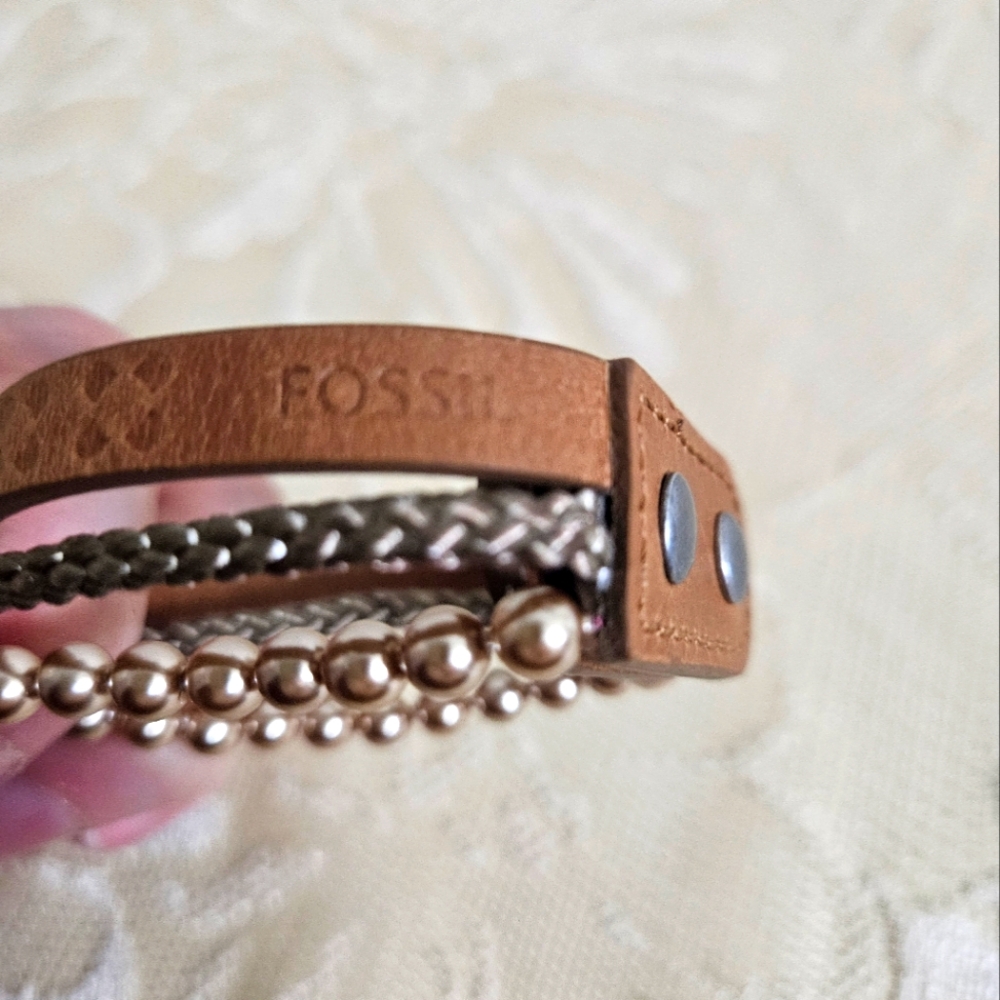 Vintage Fossil Leather, Pearl and Braided Cord Bracelet - Picture 3 of 5